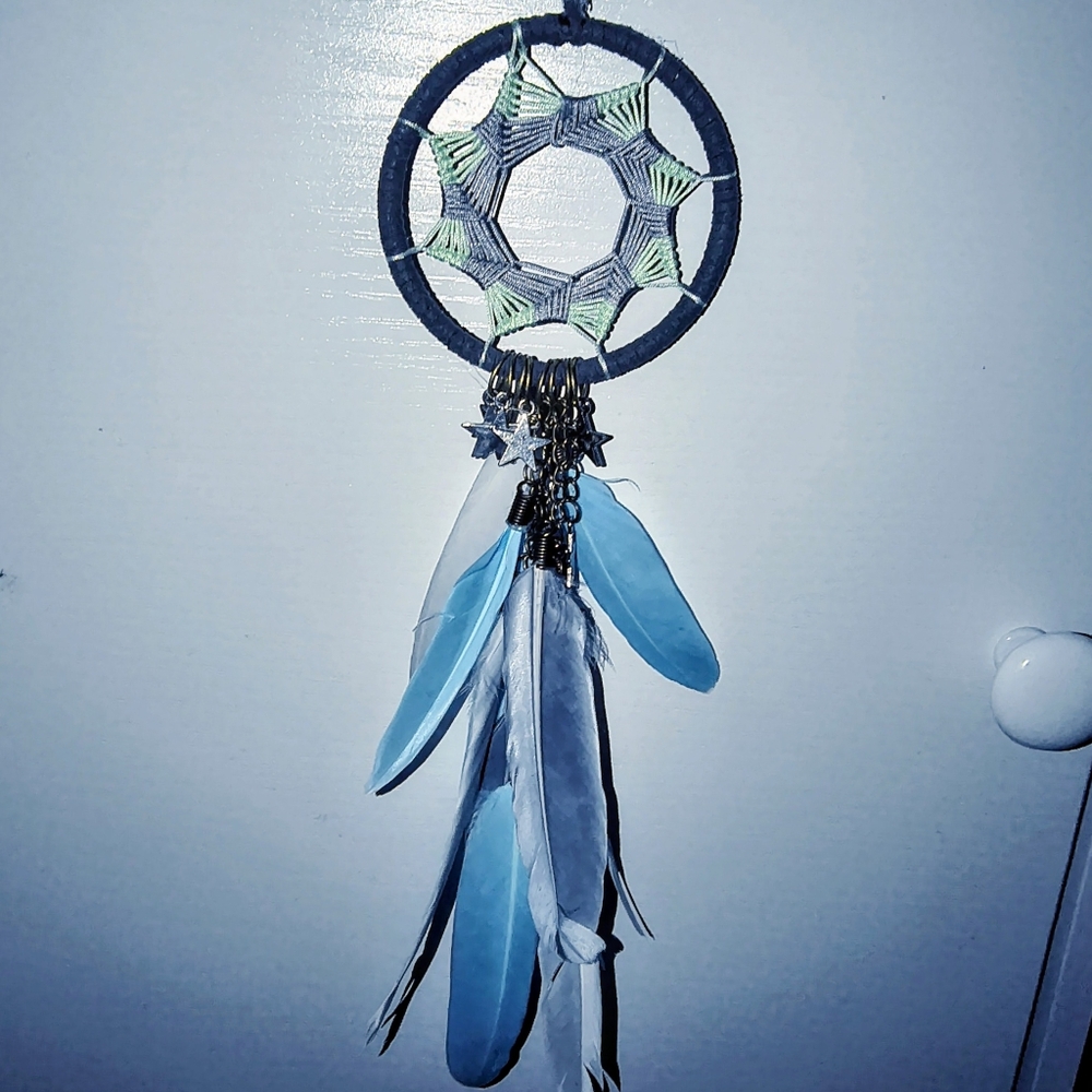 Blue and White Dreamcatcher with Feathers And Gold Dangling Stars